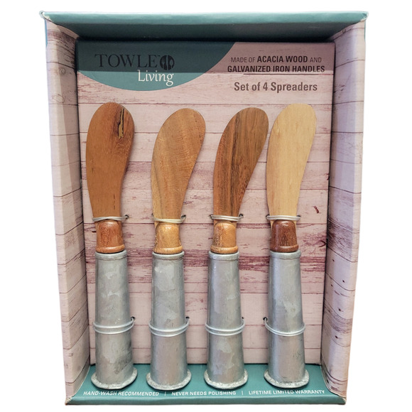 Towle Living Acacia Wood Galvanized Iron Handles Set of 4 Spreaders NEW - Picture 1 of 4